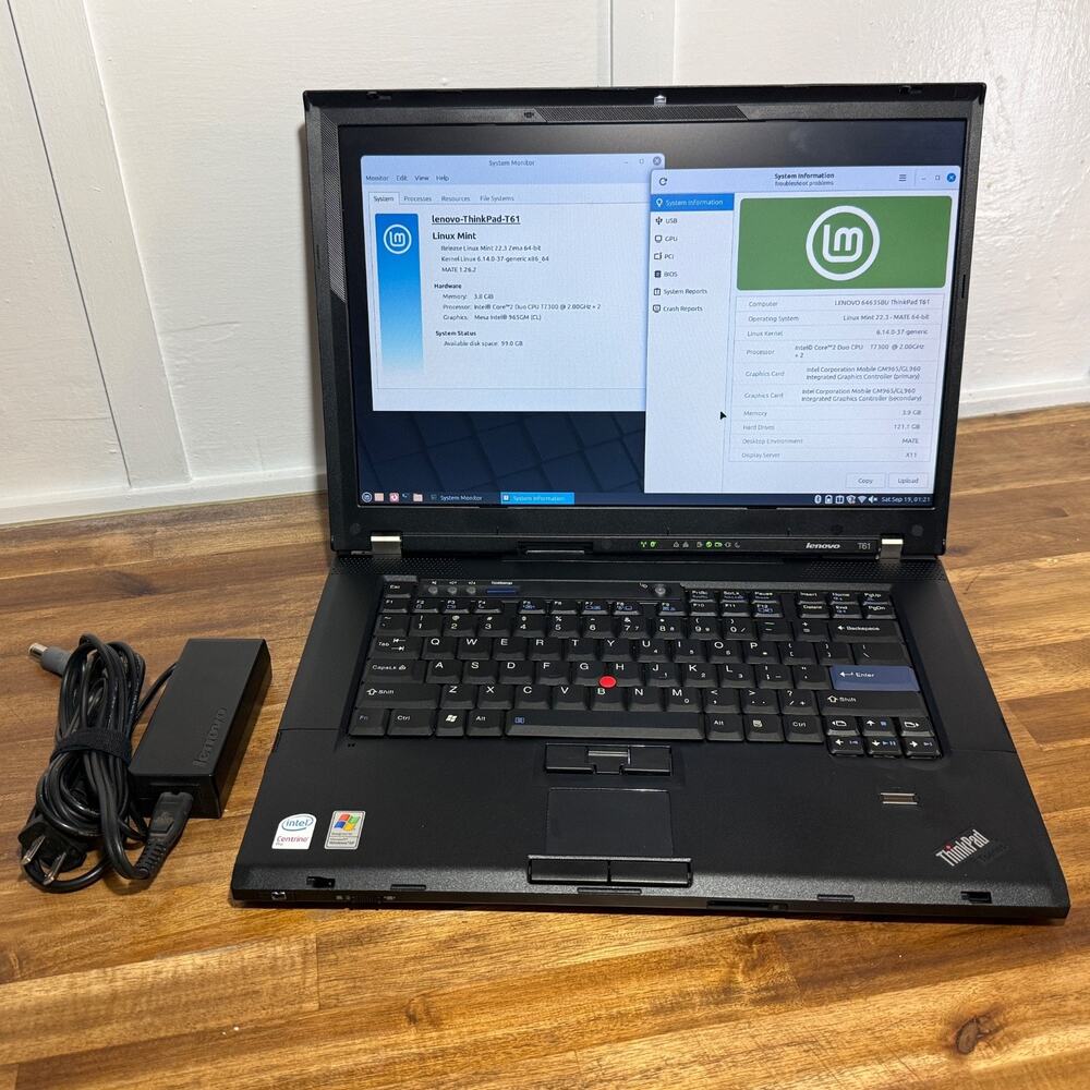 Lenovo Thinkpad Laptop T61 CLEAN 15.4" Linux 4GB 128GB SSD CHARGER, NEW BATT #15